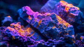 Colorful mineral formations are highlighted under ultraviolet light, revealing fascinating textures and vivid hues. The brightness enhances their unique shapes and structures. photo