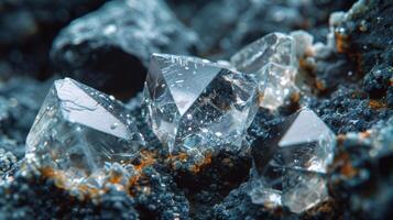 Shimmering transparent crystals are nestled among dark rocky textures, reflecting light vividly in a natural outdoor setting during the daytime. photo