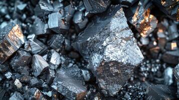 Detailed view of metallic mineral crystals displaying distinctive geometric shapes and reflective surfaces, illuminated by ambient light in a subterranean environment. photo