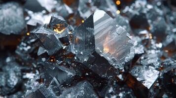 This display features an exquisite formation of metallic minerals with sharp crystal outlines, illuminated by warm lighting, highlighting their unique textures and sparkling surfaces. photo