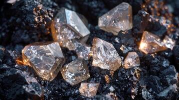Shimmering crystals are scattered across a rough, dark mineral surface, reflecting light and creating a captivating display of textures and shapes in natural illumination. photo