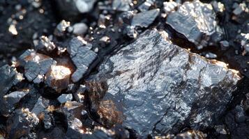 Close up view of metallic minerals showcasing shiny fragments with varied textures and reflective surfaces, illuminated by natural light, creating striking patterns. photo