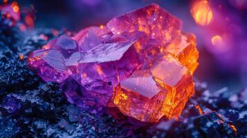 Close up view of a stunning mineral cluster showcasing sharp purple and orange crystals resting on a dark surface, illuminated by a vibrant light effect, creating a mystical ambiance. photo