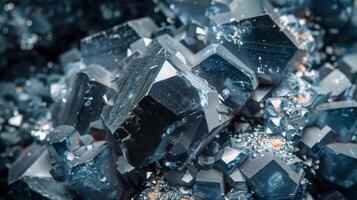 A collection of blue black mineral crystals are displayed in a natural setting, with light creating reflections that highlight sharp angles and unique textures present in the structure. photo