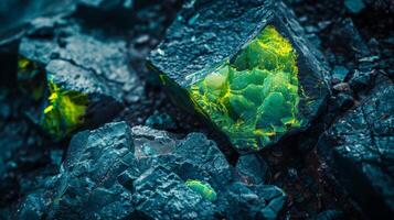 Fascinating mineral cluster showcases bright green luminescence amidst dark, textured rocks, presenting an intriguing contrast in a natural environment under daylight. photo