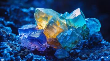 Crystals display a vibrant spectrum of colors, including blue, green, and yellow, under captivating blue light. Their unique formations suggest a natural origin in the earth. photo