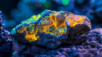 A stunning mineral specimen with bright glowing crystals sits on dark rocky surfaces, illuminated in vibrant hues, highlighting its fascinating geological features. photo