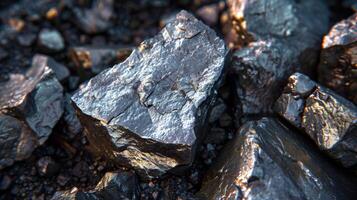 Chunks of coal are scattered on a rocky surface, reflecting sunlight with their glossy textures. The natural features highlight their mineral composition in a rugged environment. photo