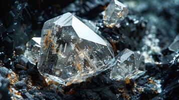 Magnificent crystals glisten as they reflect light in a dark mineral environment, showcasing intricate details and unique formations that captivate the viewers attention. photo