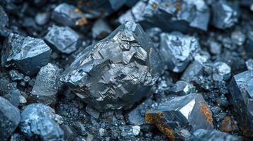 Dark, shiny mineral stones with sharp edges and unique textures are scattered on a textured surface, glistening under bright mid morning light, creating a stunning natural composition. photo