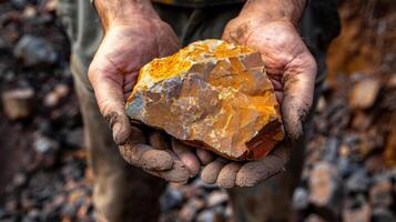A miner displays a large orange rock, showcasing its striking colors and textures. The setting is an active mining site, with earth and rubble surrounding the worker's hands. photo