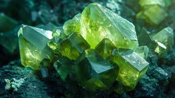 Vibrant green crystals with various geometric shapes are clustered together, catching natural light and creating stunning reflections in a rocky environment during daylight. photo
