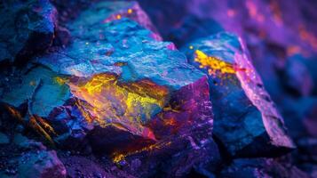 Vibrant minerals with an array of colors display their unique textures under light, highlighting their natural beauty and geological significance in a stunning setting. photo