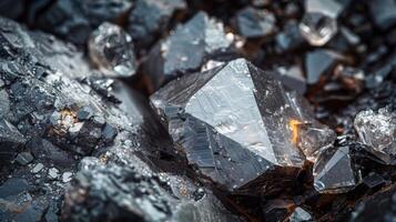 Shimmering mineral clusters showcase diverse textures and shapes, illuminated beautifully by natural light, revealing intricate crystal formations and reflections. photo