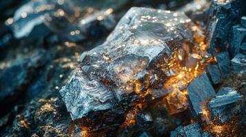 Sparkling crystals reflect sunlight as they rest on a rugged rock surface, creating a beautiful contrast with the earthy tones around them during a tranquil day. photo