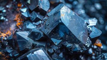 A striking arrangement of metallic blue crystals with sharp edges and glossy surfaces, creatively forming in an organic structure amidst mineral rich surroundings. photo