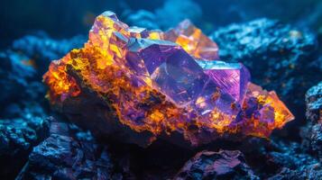 A stunning cluster of vibrant crystals glows with orange and purple hues, resting on dark rocky surfaces in a serene underwater setting, captivating the viewer with its beauty. photo