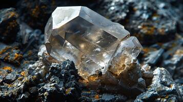 A striking crystal specimen displays its angular facets and clarity, resting on a textured mineral surface that highlights its beauty. Natural light enhances its visual appeal. photo