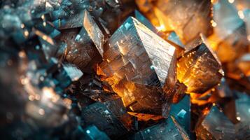 Intricate crystal formations with sharp edges and vibrant colors showcase their unique textures in a natural light setting, highlighting the beauty of mineral structures and patterns. photo