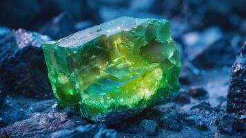 A vibrant green crystal is prominently displayed on textured dark rocks, reflecting soft light that enhances its colors. The natural environment creates an enchanting mood of tranquility. photo