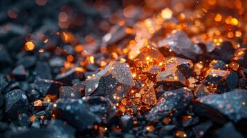 Brightly glowing embers sit atop a bed of dark coal, casting a warm orange light in a dimly lit environment, evoking feelings of warmth and intensity. photo