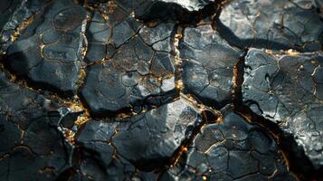 Cracked black surface reveals unique patterns and textures with golden highlights, reflecting light beautifully. This geological formation captures the essence of natural artistry in earth's layers. photo