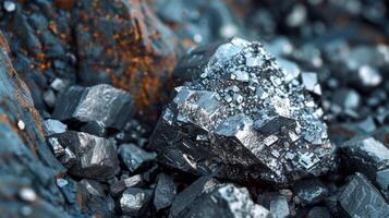 A striking display of minerals showcases sharp crystalline structures and a lustrous metallic surface, surrounded by rugged rocky terrain under bright sunlight. photo