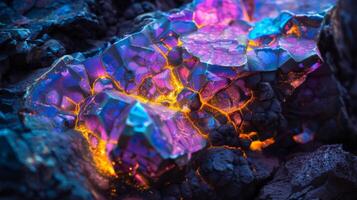 A breathtaking opal stone displays an array of vibrant colors, showcasing enchanting patterns as sunlight illuminates its surface. The surrounding dark materials enhance its brilliance. photo