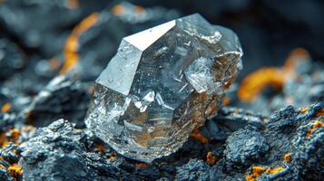 A clear crystal rests on a rugged rock surface, reflecting light and highlighting its sharp edges. The vibrant orange and dark textures of the rock create a striking contrast against the crystal. photo
