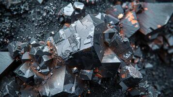 A close up view of a natural mineral specimen displaying sharp crystal formations with reflective surfaces. The dark background highlights the intricate details and textures of the mineral. photo