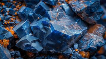 Vibrant blue mineral formations showcase intricate crystal structures, with bright orange highlights, discovered in a hidden cave during an adventure in nature. photo