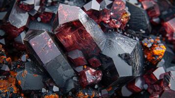 Dark red and black mineral crystals create a striking display with their sharp edges and detailed surfaces, highlighting the beauty of natural geological formations found in specific environments. photo