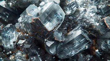 Glistening crystals form a complex arrangement showcasing sharp edges and detailed patterns, reflecting light and exhibiting natural beauty within a mineral setting. photo