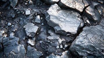 Close up view of mineral deposits with unique textures and a shiny surface, reflecting light amidst loose gravel. This natural setting reveals the complexity of geological formations. photo