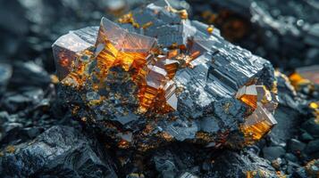Unique formation of sharp black and orange minerals, showcasing intricate crystal structures in a natural environment, illuminated by sunlight. photo