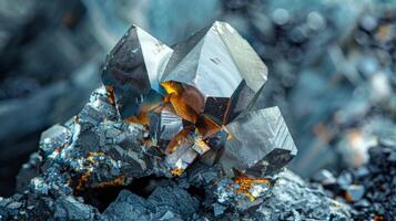 A breathtaking crystal cluster displays sharp edges and brilliant shades against a dark rocky backdrop, highlighting the beauty of natural mineral formations found in nature. photo