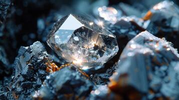 A transparent crystal stands out among dark, rugged mineral fragments, reflecting light and showcasing intricate details of nature's artistry. The contrast creates a captivating visual display. photo