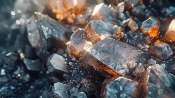 A close up view of stunning crystalline formations with sharp edges and shiny surfaces. The warm hues of orange and amber contrast with cool gray tones, creating a captivating visual. photo