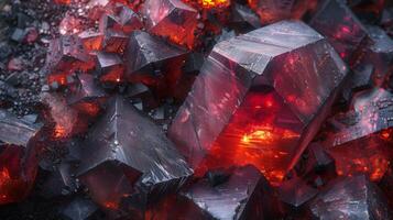 Glittering crystalline structures exhibit bright red hues and sharp angles, illuminated by vibrant light, creating an enchanting display of natural beauty and geological wonder. photo
