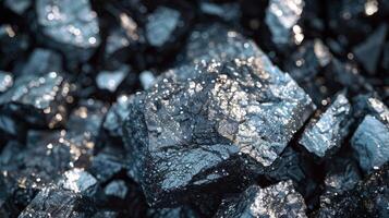 Close up view of shiny black mineral fragments scattered across a surface, reflecting light and revealing unique textures and crystalline structures that highlight the beauty of nature. photo