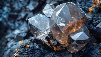 Shiny crystals form an eye catching mineral cluster on a dark rock surface. Intricate details reveal unique textures and a striking color contrast in bright natural light. photo