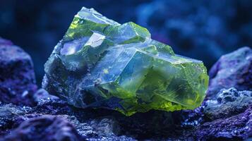 A vibrant green crystal stands out against a dark, rocky background, illuminated by soft blue lighting. The unique shape and clarity of the crystal create an intriguing visual effect. photo