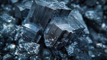 A close examination of natural mineral formations reveals sharp edges and distinct surfaces, highlighting the stunning complexity of these geological wonders in a dimly lit setting. photo