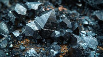 Shimmering black mineral crystals rest on a rugged surface, displaying sharp angles and facets that reflect light, creating a striking visual contrast in a natural setting. photo