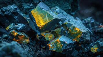 Vivid, glowing mineral crystals protrude from dark rocks, showcasing brilliance and color in a remote natural setting, illuminated by light creating a stunning contrast. photo