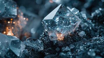 Intricate crystals lie scattered on a dark mineral bed, reflecting light with their sharp edges and vibrant facets in a mesmerizing display of natural beauty photo