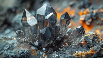 A striking cluster of dark quartz crystals rises prominently from a rocky surface, highlighting their sharp angles and reflective surfaces under natural light conditions. photo