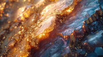 A vibrant arrangement of mineral formations displays a stunning interplay of light and texture, highlighting golden hues and intricate patterns in a natural setting. photo