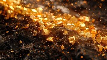 Glimmering golden minerals rest on a textured dark rock surface, illuminated by gentle light, showcasing intricate details and highlighting the contrast between colors. photo