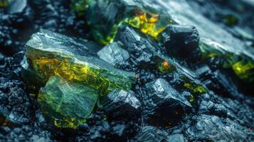 Glimmering crystals in shades of green and black rest on a dark, textured surface, illuminated by soft natural light highlighting their unique features and depth. photo